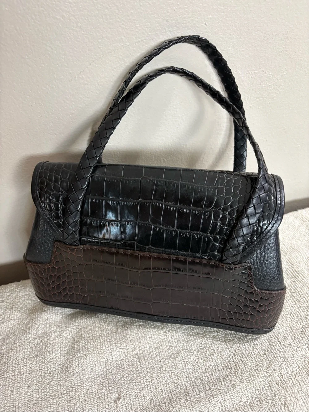 Brighton Black and Dark Brown Croc-Embossed Top-Handle Satchel